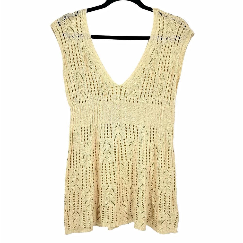 Women's Large Crochet Knit Tunic Tank Cream Boho V Neck Openwork Beach Cover Up